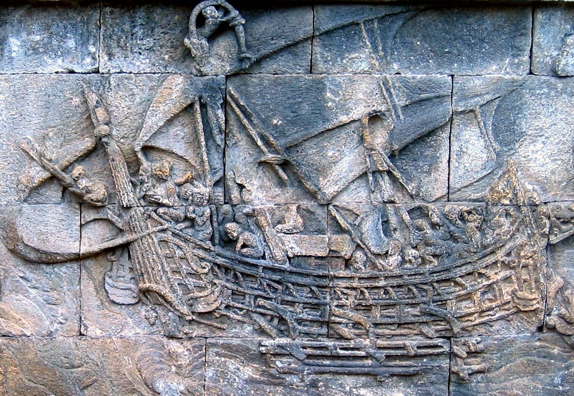 Ancient Southeast Asian trading vessel carved on Borobudur temple, showing the type of ships that sailed from Funan ports like Óc Eo