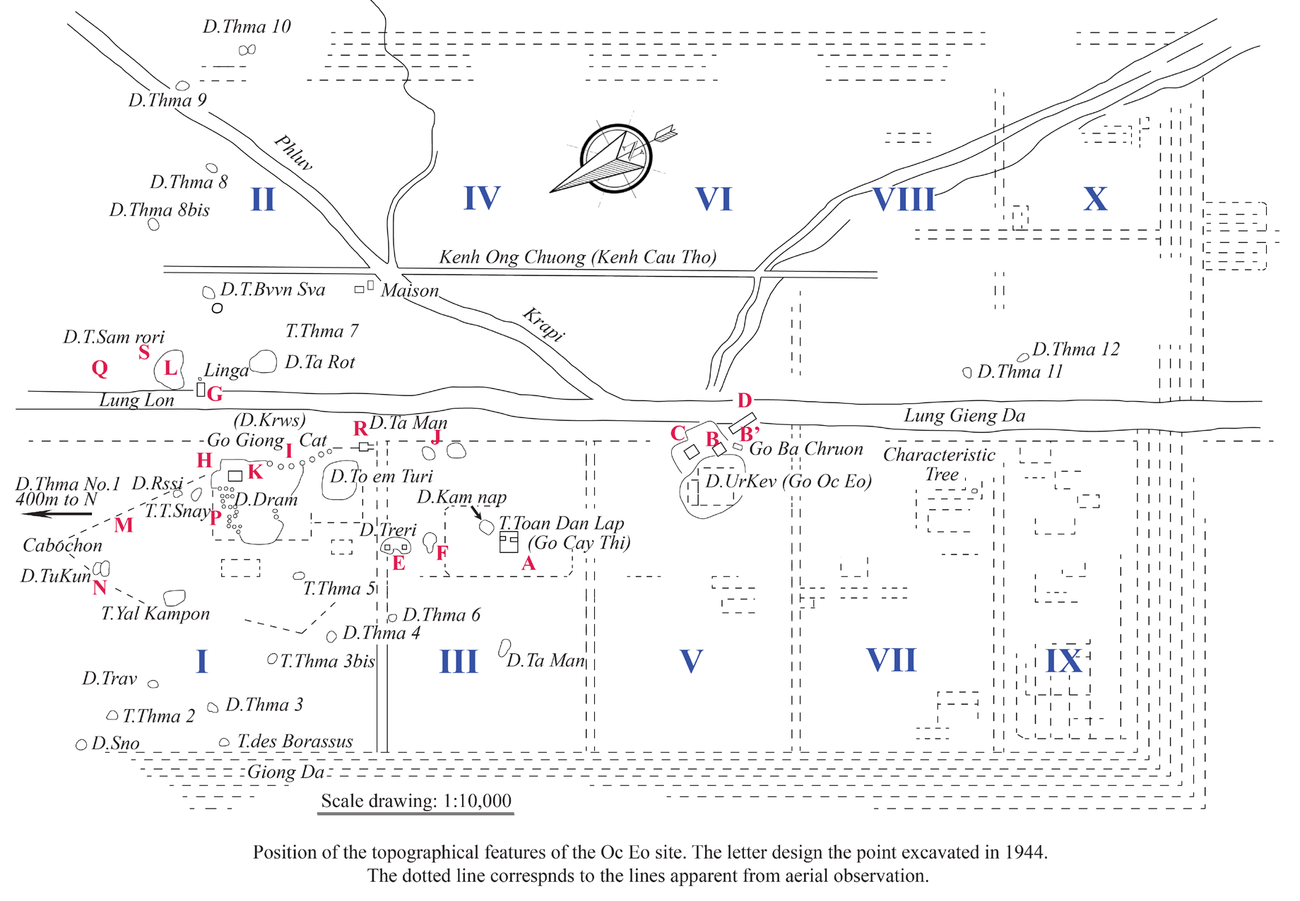 Plan of ancient Óc Eo port city by Louis Malleret from 1959 showing canals, structures, and city layout