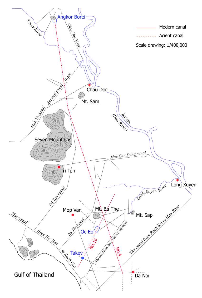Ancient canal systems connecting Óc Eo through the Transbassac region to Angkor Borei