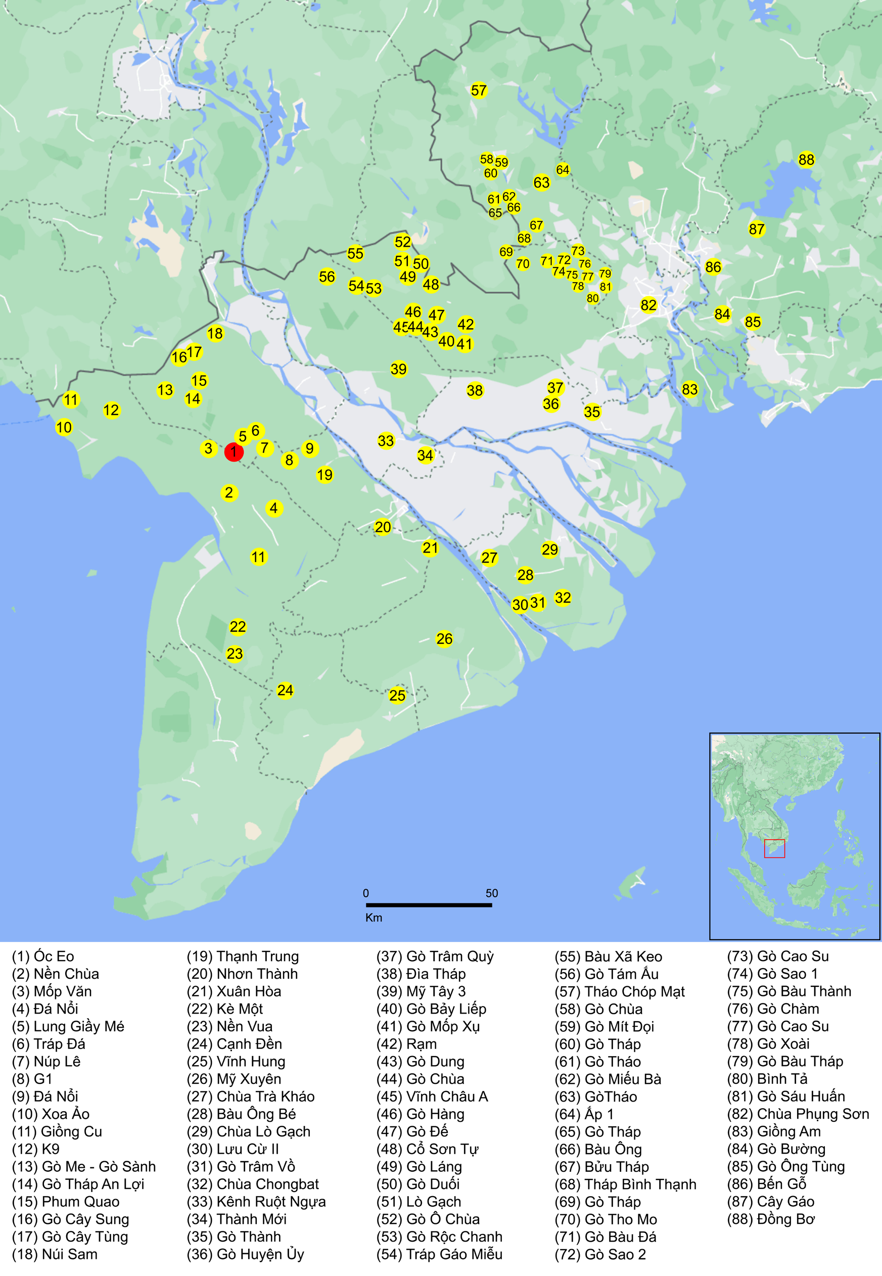 Distribution of 88 Óc Eo cultural monuments across Southern Vietnam