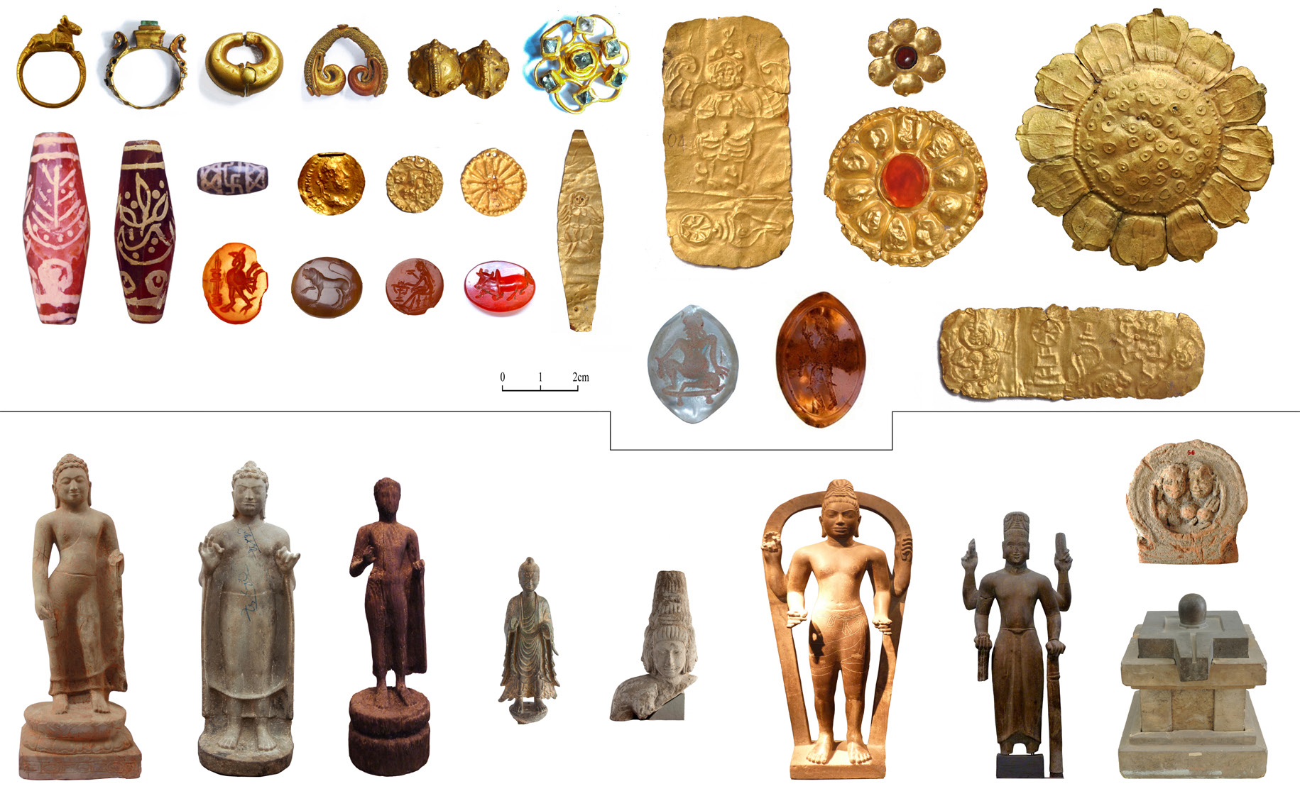 Typical artifacts of Óc Eo culture including jewelry, statues, and pottery