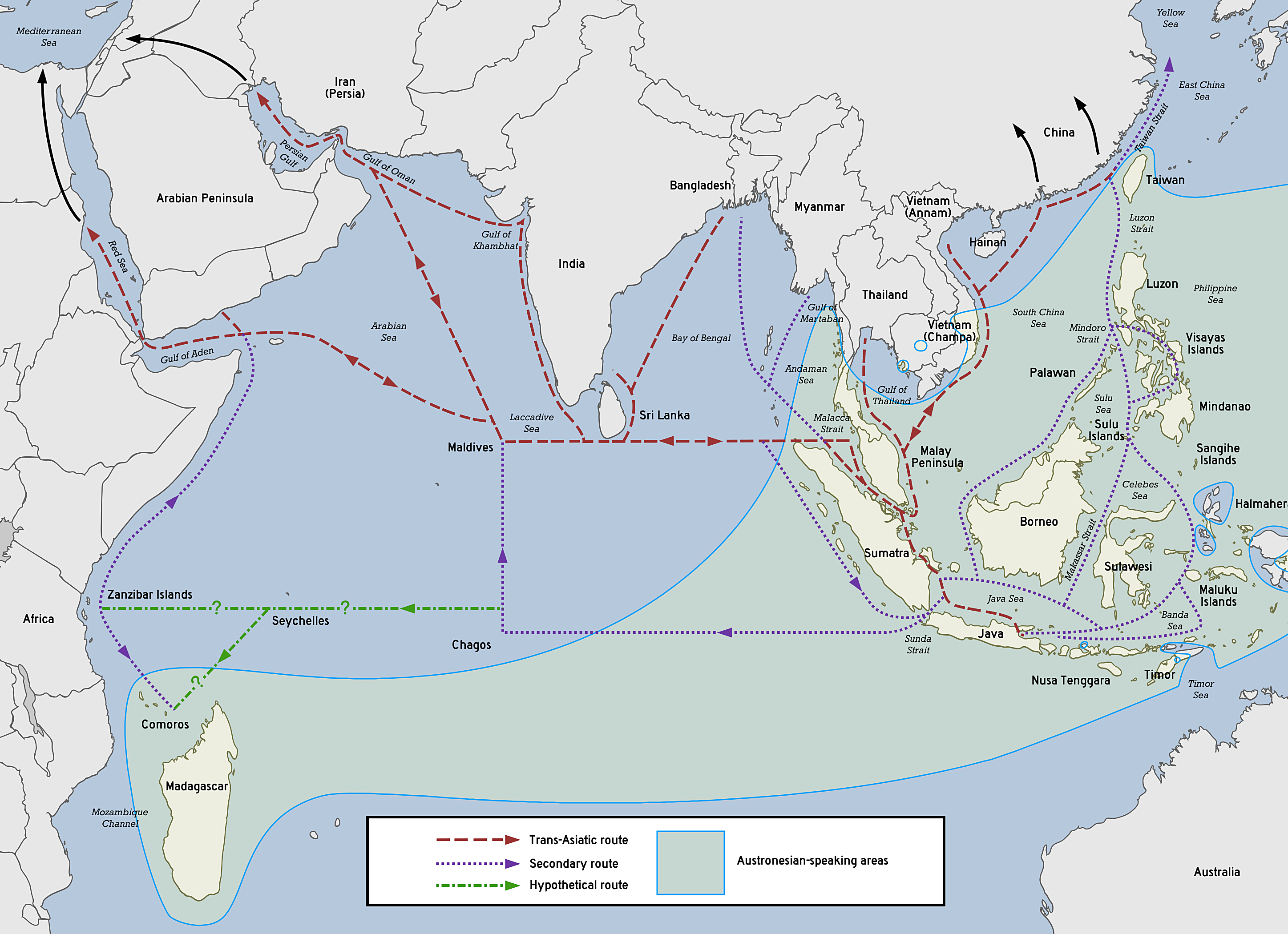 Ancient maritime trade network showing routes from the Mediterranean through India to Southeast Asia
