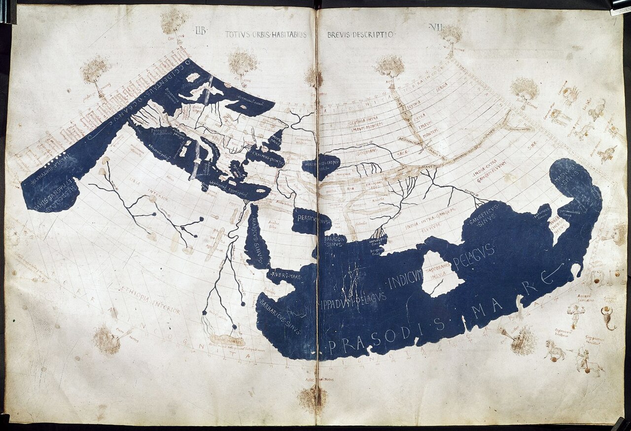 Ptolemy's world map showing the extent of Roman geographical knowledge including the Magnus Sinus and Kattigara
